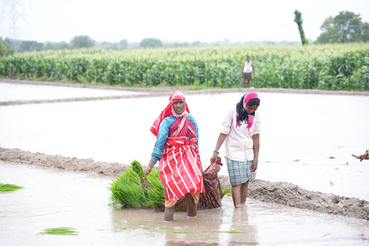 A couple of women standing next to each other in a flooded field