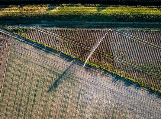 Aerial view of agricultural fields with a sprinkler irrigating crops.